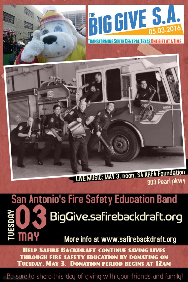 CANCIOROBERTA's tweet photo. May 3rd is the big day! Come enjoy LIVE MUSIC by #SAFireBackdraft @ SA Area Foundation 12p-1 https://t.co/Y0V3arcg4j https://t.co/srsbkz5HhZ