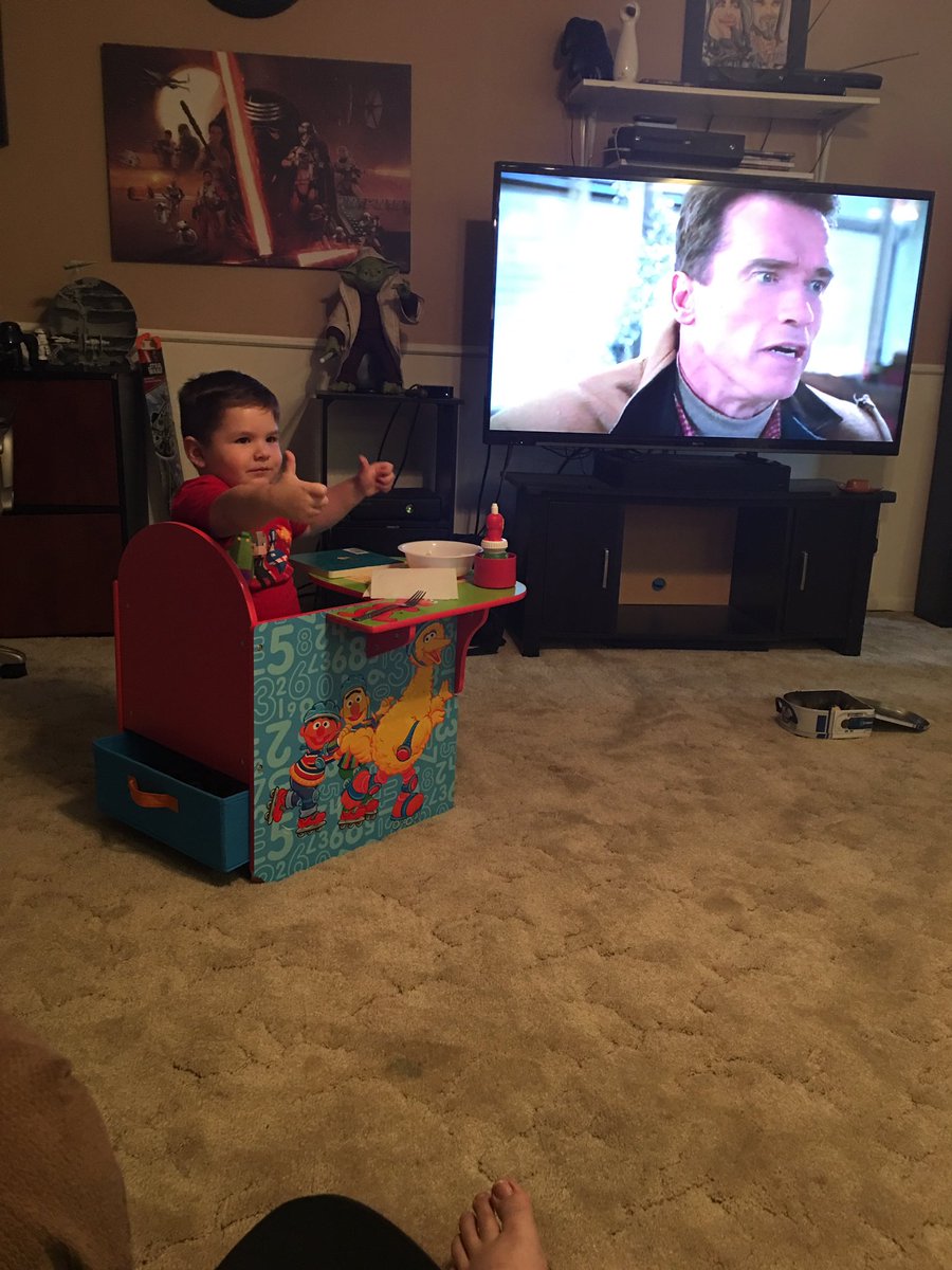 fuzavue's tweet photo. @Schwarzenegger my son is loving his first Arnold flick!!! #arnold #comewithmeifyouwanttolift #futurebodybuilder https://t.co/WQkyMGKpSA
