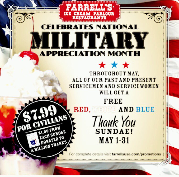 _RealTD_'s tweet photo. #FarrellsIceCream thanks all service men and woman with a FREE sundae this month! (ID required) #Military #ThankYOU https://t.co/b2YCmkwYZ9