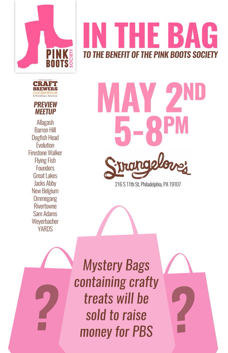 beerlass's tweet photo. .@pinkbootsphilly Mon 5/2 @Strangelovesbar
 5-8
17 female-repped breweries present
 "In the Bag" for @pinkbootsbeer https://t.co/bw0t205mMv