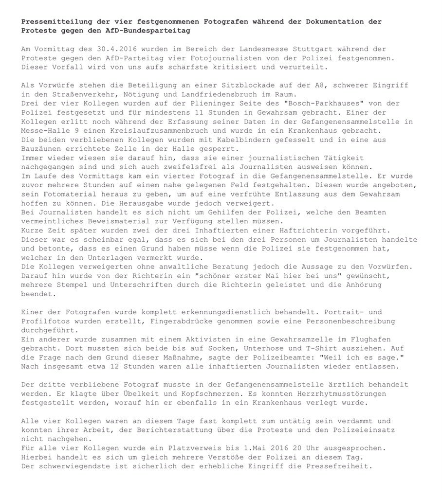 Pressemitteilung der vier festgenommenen Fotografen / Journalisten bei Protesten gegen #afdbpt #noafdstgt
