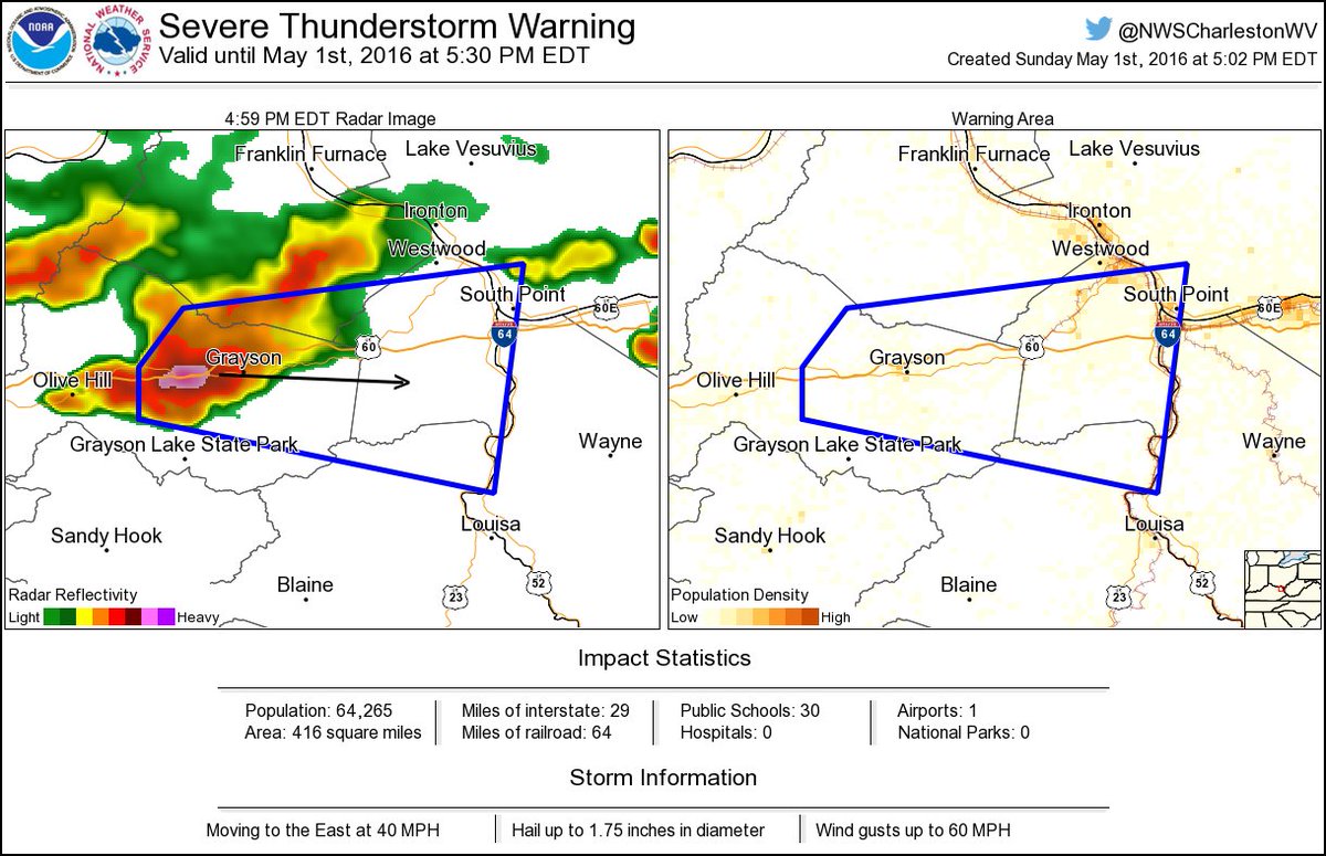NWSSevereTstorm's tweet image. ⚠️ Severe Thunderstorm Warning including South Point OH, Ashland KY, Grayson KY until 5:30 PM EDT