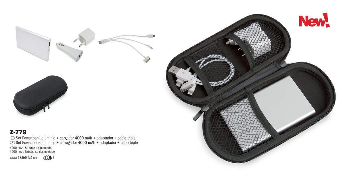 Z-779 Set PowerBank Aluminio 4.000 mAh cifra.es/index.php?rout… Incluye 2 cargadores y cable de triple conexión
