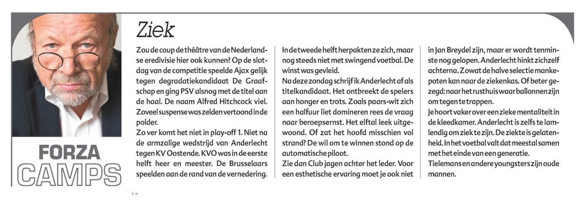 Mauveside's tweet photo. Camps: "Het ontbreekt de spelers aan honger en trots. Anderlecht hinkt zichzelf achterna." #rsca #lamentabel [HLN] https://t.co/2VgJYLEZnV