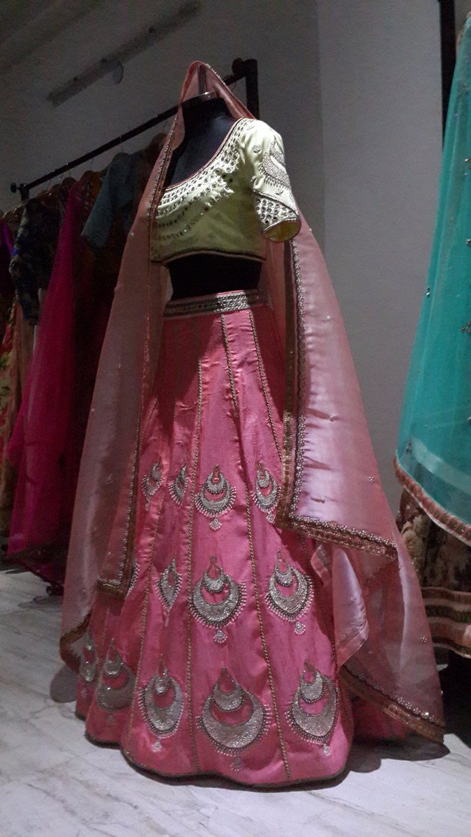 Lime &amp; pastel coral 16 kali heavily embroidered 3 piece lehenga in pure raw silk &amp; dutchess satin &amp; blouse variation