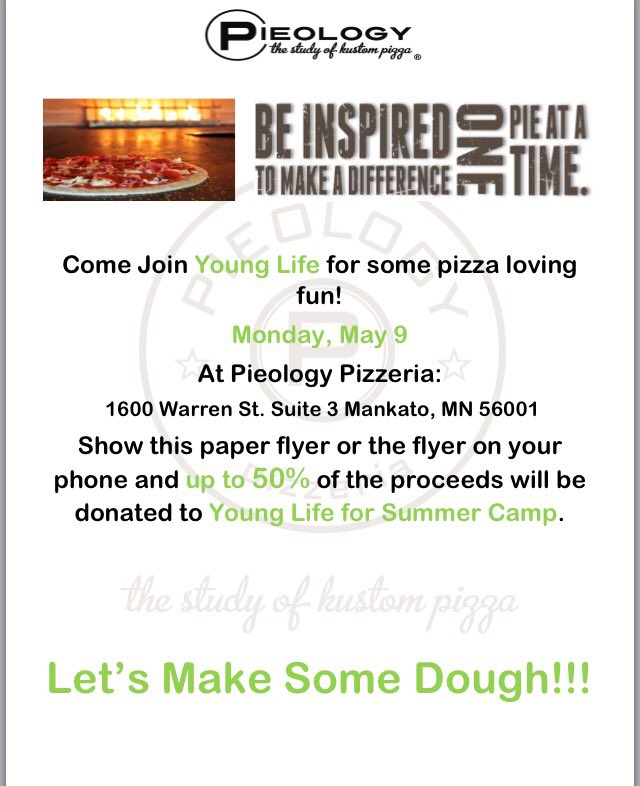 bethdenhof's tweet image. Come join Young Life for some pizza loving fun @ Pieology by MSU! All day Monday, 5/9!