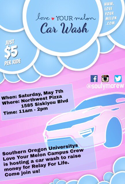 souLYMcrew's tweet photo. We are doing a car wash fundraiser for @SOURelayForLife ! We're selling tickets tomorrow in the SU from 12:30-1! https://t.co/WkeMQ14mn2