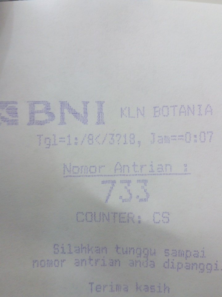 Nmr antrian bank <a href="/BNI/">PT Bank Negara Indonesia (Persero) Tbk.</a> mo cetak rekening koran.. sabarrr