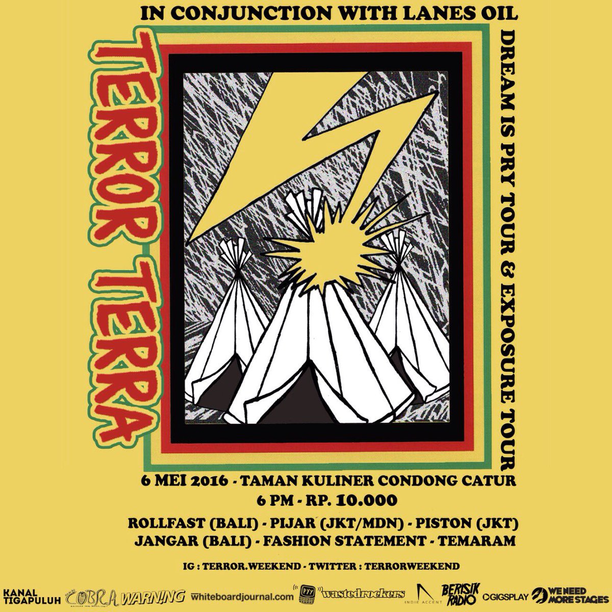 TerrorWeekend's tweet photo. ⚡️Terror Terra / 6•5•16 / Tamkul Concat / Rollfast, Jangar, Piston, Pijar, Temaram, Fashion Statement / 10k / 6pm⚡️ https://t.co/lSz7xZaHkP