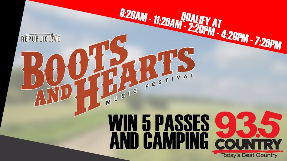 country935fm's tweet photo. Your next chance to qualify for 5 general passes &amp; camping @BootsandHearts 7:20 with Kyle!
https://t.co/bGLQJauPLY https://t.co/hzRGtvtlhx