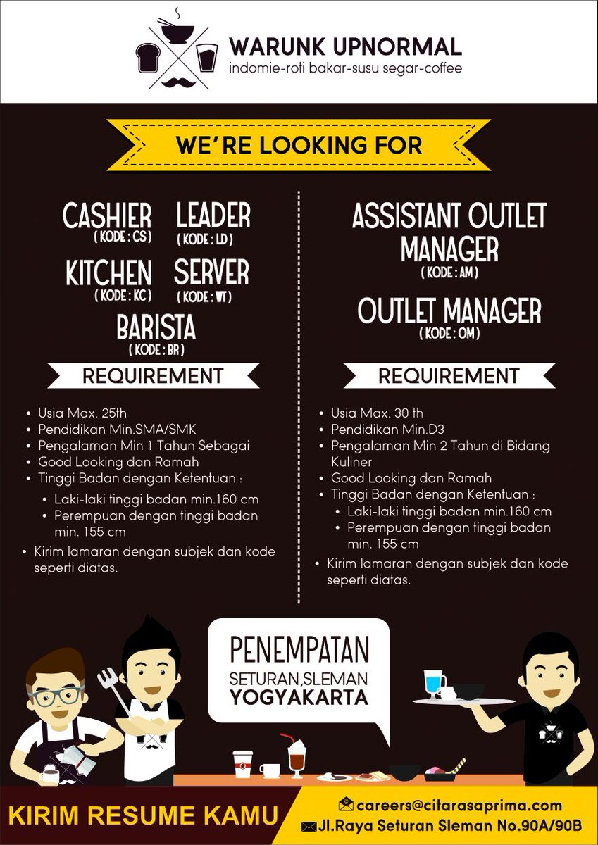 SoloUpdate's tweet image. Hai #JOGJA. Mau berkarir di dunia kuliner? Saatnya kamu gabung brg #WarunkUPnormal. Cek info lowongan berikut ini