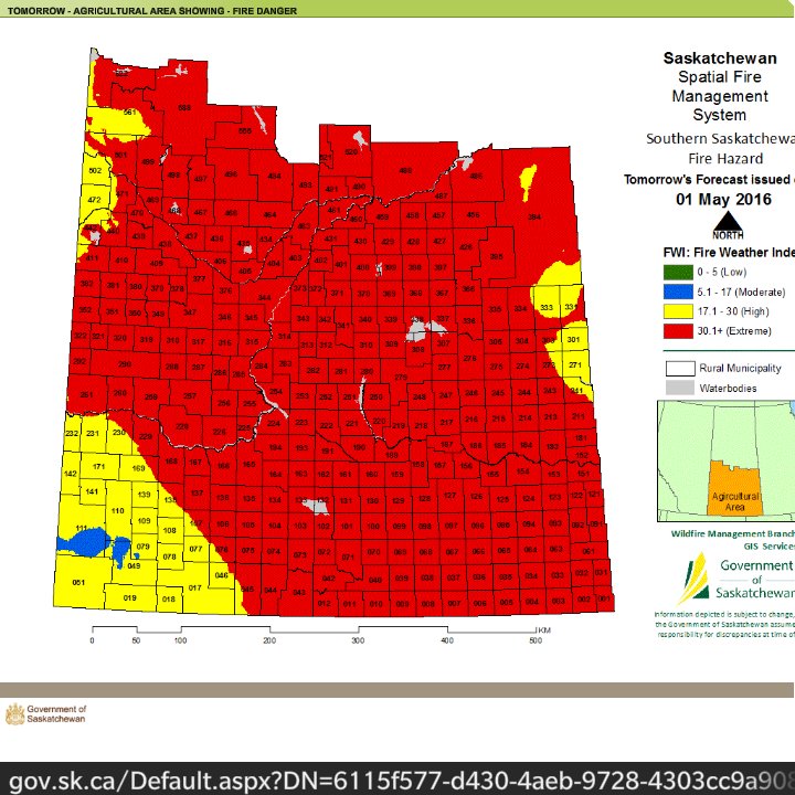FQFire's tweet photo. Tomorrow's Fire Weather Index for most of Southern Sask is Extreme. Consider NOT doing that controlled burn. https://t.co/84K5zoblqT
