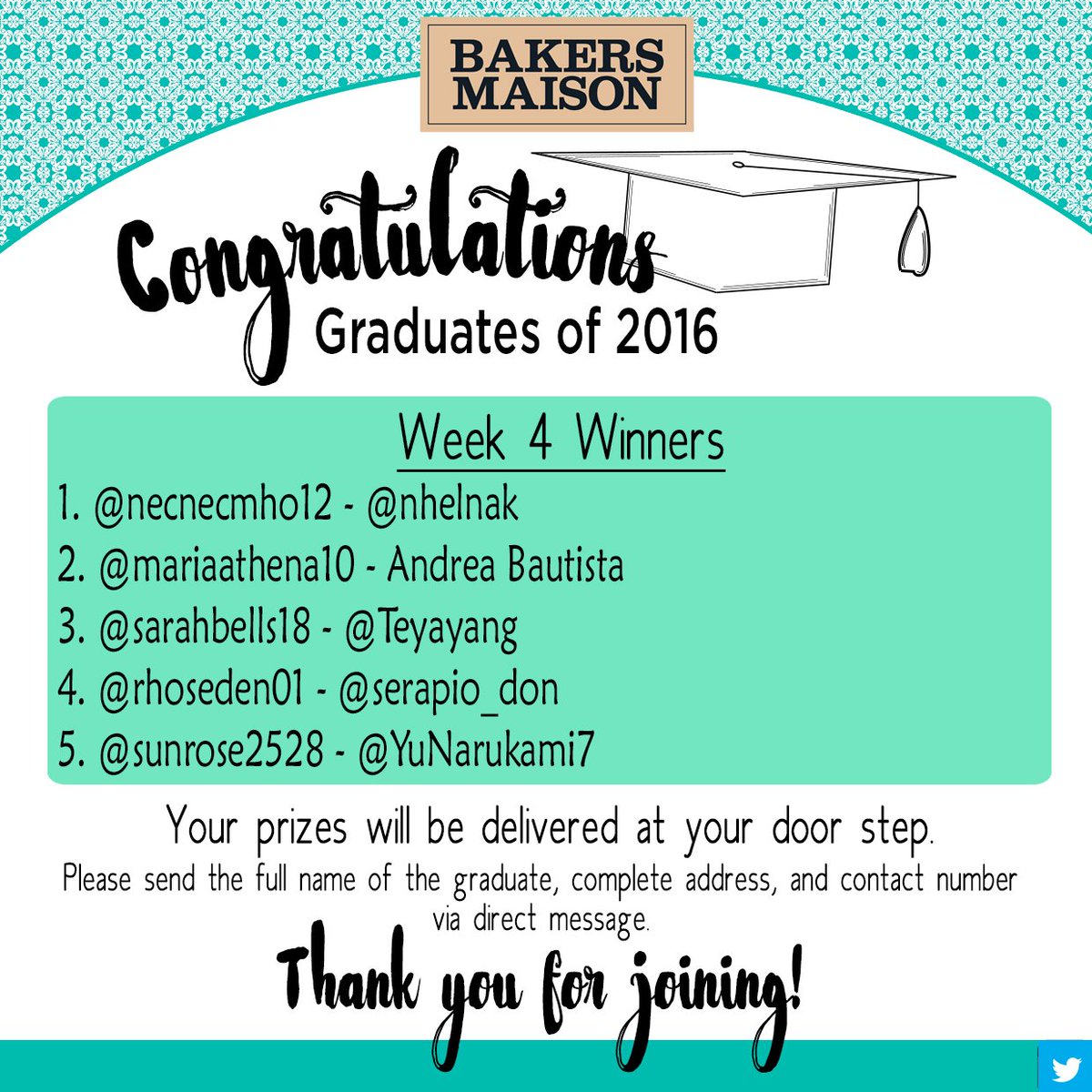 Congratulations to all the Graduates of 2016 and to our Week 4 winners! Good luck on your next journey! :)