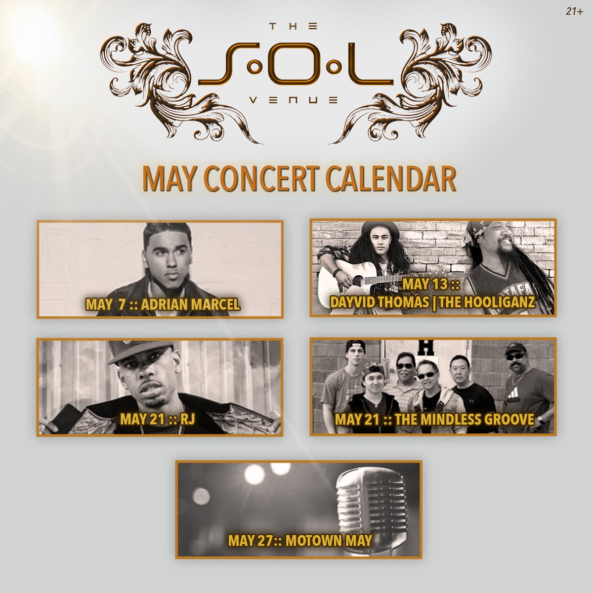 SOLvenue's tweet photo. May Concert Calendar! #SOLVenue #adrianmarcel #dayvidthomas #TheHooliganzReggae #MindlessGroove #RJ #Free2bmee https://t.co/pUVaAlMeMC