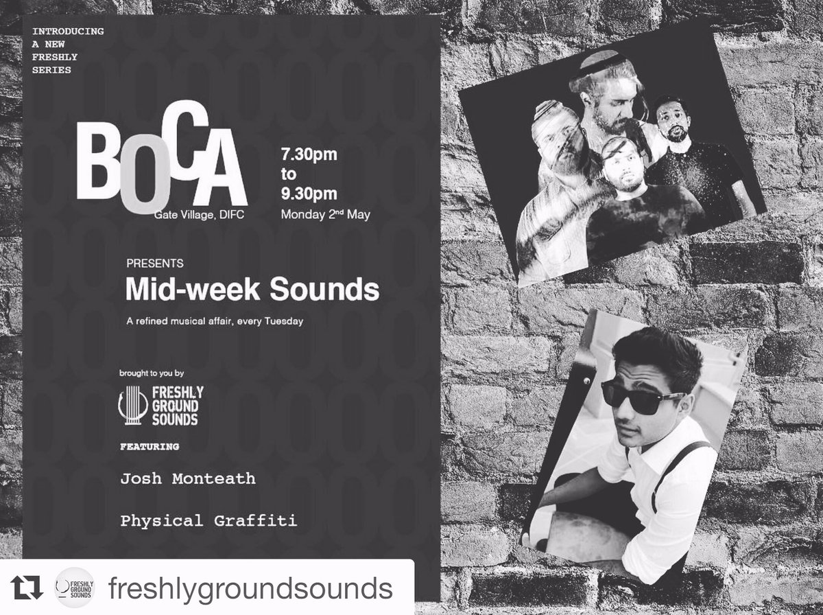 JoshMonteath's tweet photo. Tonight at @BOCADubai with @TeamFreshly &amp; after me, the most beautiful @Physical_Graff #music #guitar #gig #mydubai https://t.co/VpuK1jgxpY