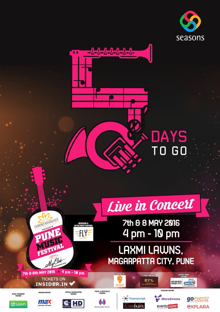 MusicPune's tweet photo. Tick Tock , Tick Tock... 5 days to go !!! Get ready for the Pune Music Festival!
Hurry book your passes now! #pmf16 https://t.co/EaGmKVPuRO