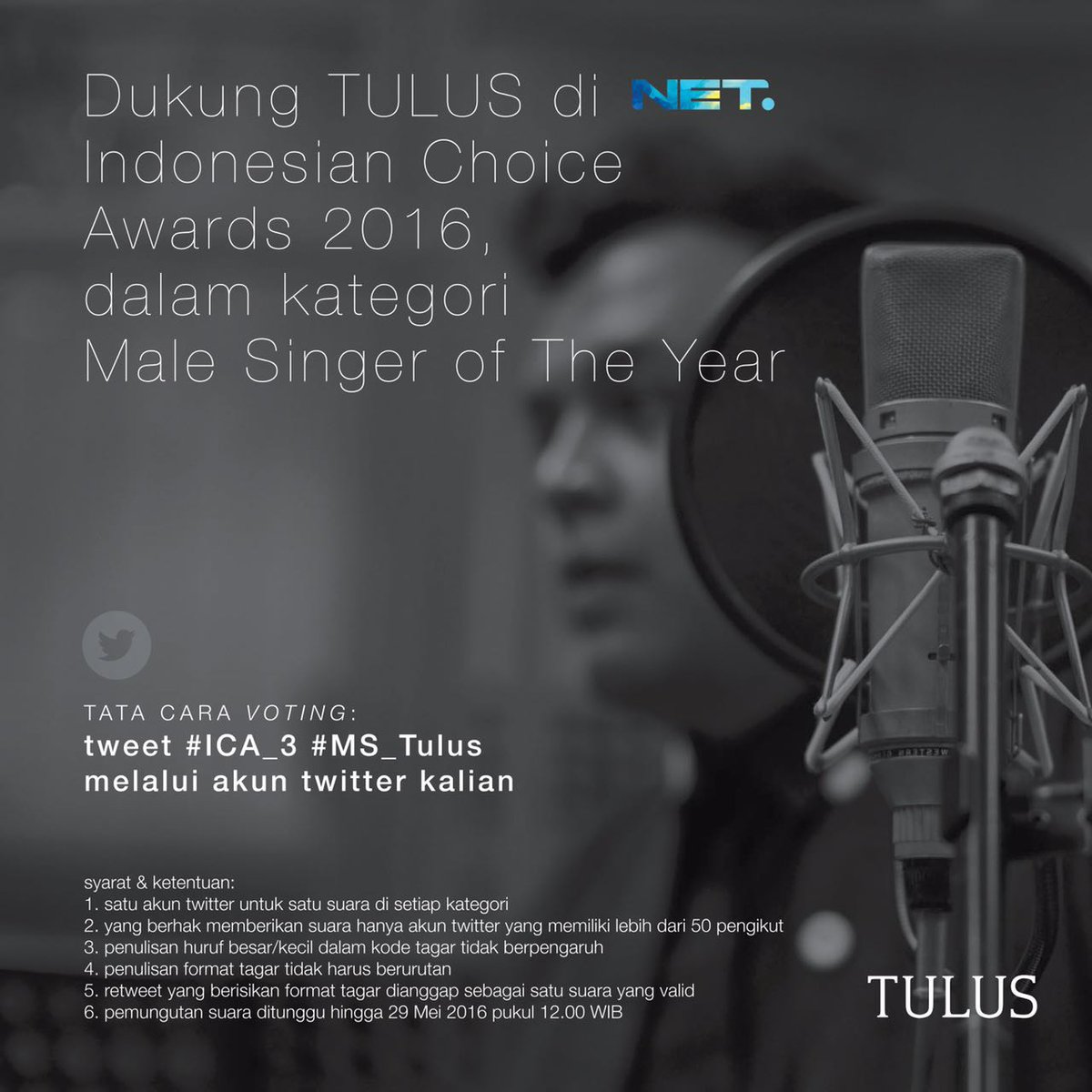 temantulusbjm's tweet photo. Tahun ini TULUS masuk dalam kategori "Male Singer of The Year". Ayo Dukung TULUS ICA 2016 ya teman-teman! :) https://t.co/S5rO7dXQ9J