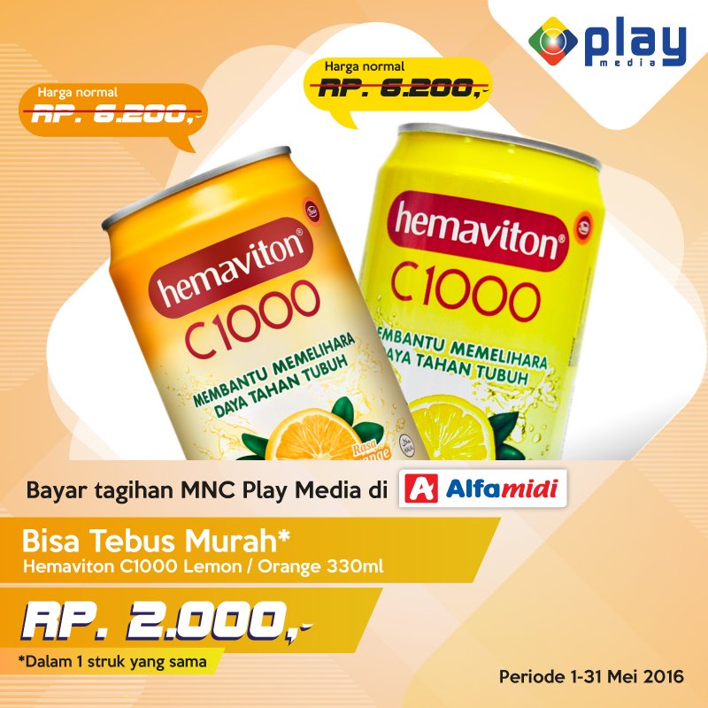 Bayar tagihan <a href="/MNCPlayMedia/">MNC Play</a> di <a href="/alfamidi_ku/">Alfamidi Ku</a> bisa beli Hemaviton C1000 cuma 2ribu dlm 1 struk yg sama, selama bln Mei
