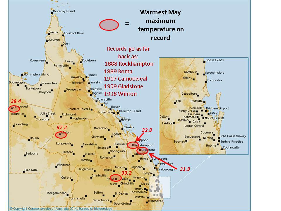 BOM_Qld's tweet photo. Warm start to May with numerous highest max temps on record. Will records continue breaking today? Check back soon.. https://t.co/zUSujcug6P