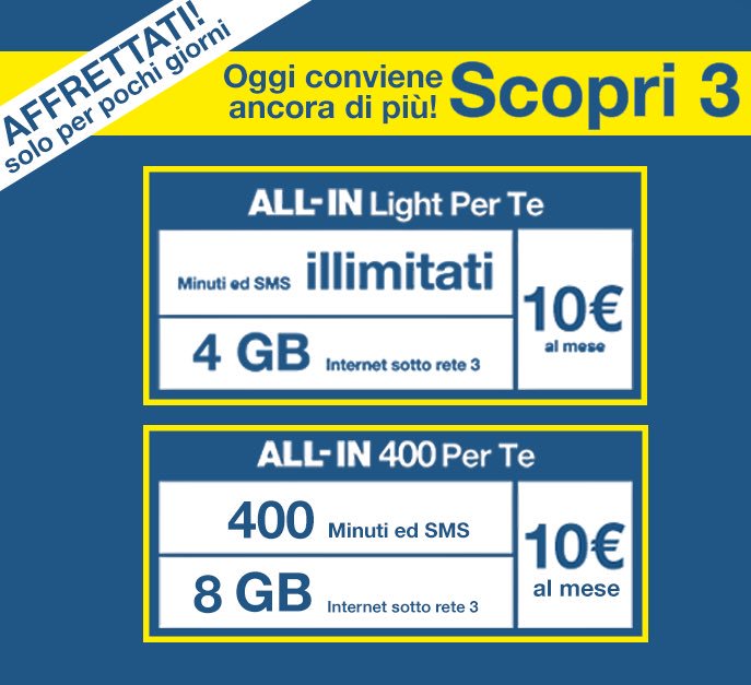 3StoreBelicitta's tweet photo. Passa a 3 con le nuove ricaricabili, le più convenienti di sempre. Solo con 3 #h3g #tre #3ita #minuti #sms #internet https://t.co/zUaEswNvNx