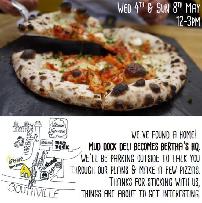 BerthasPizza's tweet photo. We've found a home! Mud Dock Deli becomes Bertha's HQ this summer. Come give us a 🙌 this Wed or Sun (&amp; get some 🍕) https://t.co/w5J9XNzFWq