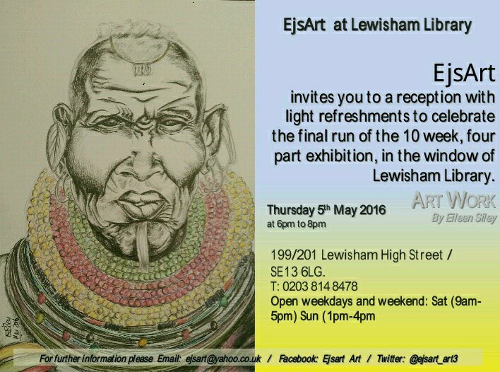 ejsart_art3's tweet photo. Celebrating end of 10wk exhibition in the window of @Lewishamlibrary on 5May2016 @ 6-8pm. @Geesfizz @robson_martyn https://t.co/qhDxcJCGlZ