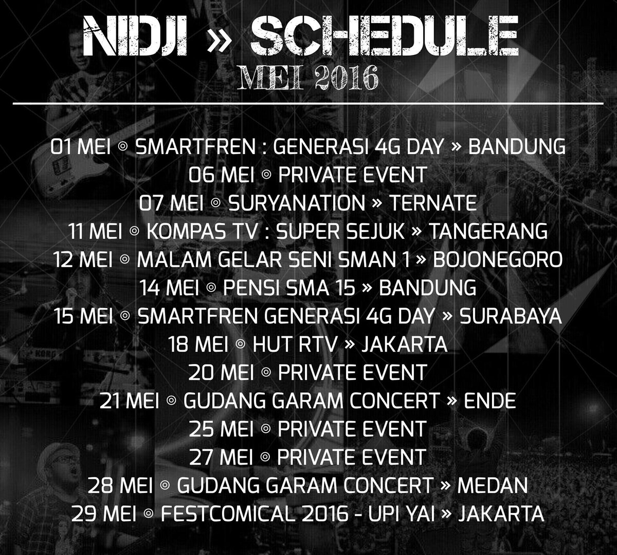 nidji's tweet photo. NIDJIholic,, ayo disave &amp; dicatat #jadwalNIDJI bulan MEI. Bulan ini giliran Ternate, Bojonegoro, Ende, SBY &amp; Medan. https://t.co/rlHOCPlPC0
