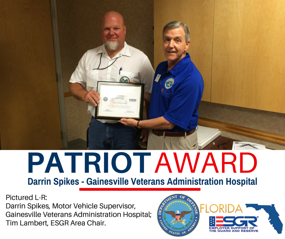 FL_ESGR's tweet photo. PATRIOT AWARD: Darrin Spikes, Gainesville VA Hospital.
Nominate: https://t.co/wZoPaNzivv #ESGR #GuardReserve https://t.co/3nJYCcZAT1