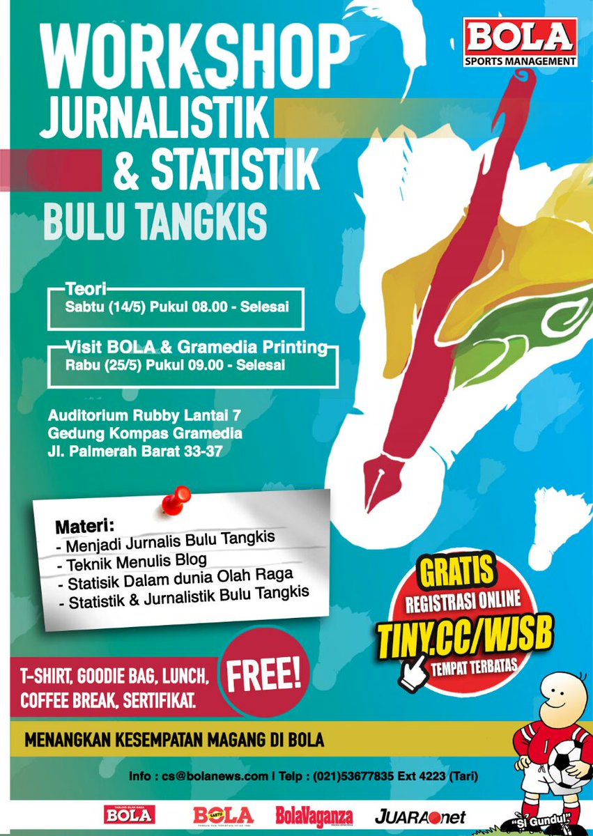 Workshop Jurnalistik &amp; Statistik Bulu Tangkis,Tgl 14/5 Gratis! Daftar di tiny.cc/wjsb  #WJSB <a href="/PJBM_Media/">PJBM</a>