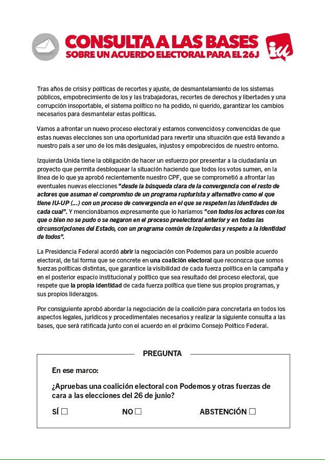 IUMadridCiudad's tweet photo. #ConsultaIU preacuerdo electoral con @ahorapodemos 2 y 3 de Mayo VOTA on line https://t.co/AraLYhn9yZ #ConfluenciaSi https://t.co/dJ4HrWLvEp