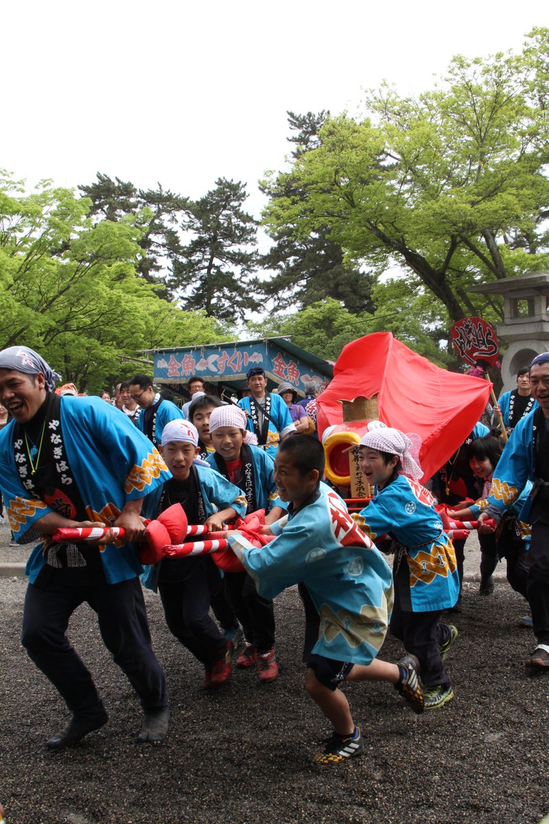 三重県桑名市 5月2日 3日九華公園では 金魚まつりを開催しています 金魚の神輿を子どもたちが担いで市内を練り歩くちょっと変わったお祭りです 3日の午後1時ころから九華公園内の鎮国守国神社前で 子どもたちが神輿を境内に乗り入れる押し問答が見所