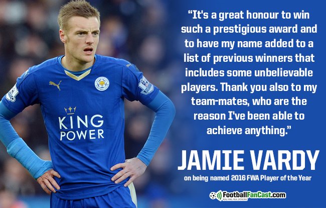 FootballFanCast's tweet photo. .@vardy7 says "it’s a great honour” to have been named 2016 FWA Player of the Year… #LCFC #FWAPOTY https://t.co/XdlYXpKVcW