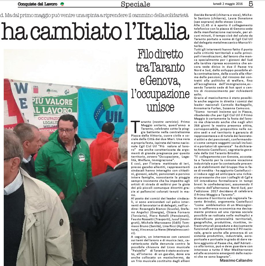 CislTaBr's tweet photo. #1maggio2016 a #Taranto @CislNazionale @giuliocolecchia @DanFumarola @conquistepromo @cislpugbas @fai_cisl @FrulliM https://t.co/0F9a16Lbzr