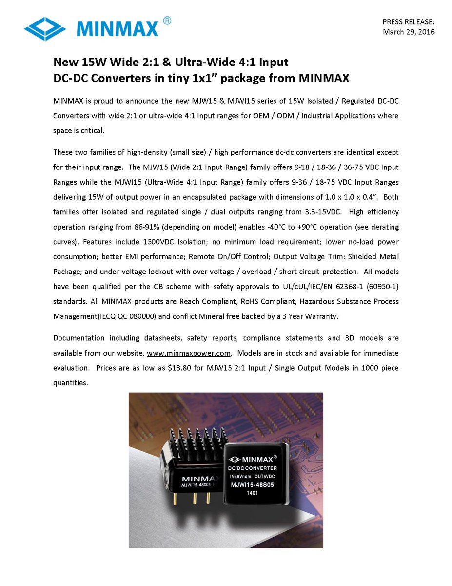 minmax_power's tweet image. New 15 Watt Wide 2:1 and Ultra‐Wide 4:1 Input DC‐DC Converters in a Tiny 1x1 Inch Package.