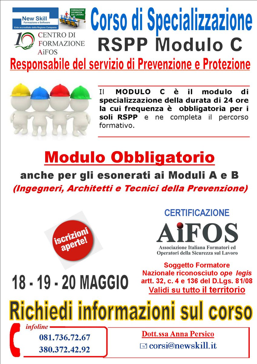 newskillformaz's tweet photo. Sono aperte le iscrizioni al corso #RSPP #ModuloC. Informazioni: 0817367267 / 3803724292 mail: corsi@newskill.it https://t.co/kh5cxU9vU0