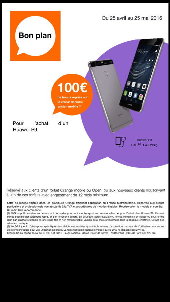 Orange69400's tweet photo. Vous voulez changer de mobile ? Venez profiter de 100€ de bonus #orange reprise pour l'achat du nouveau #Huaweip9 https://t.co/9hUB53FWQ6