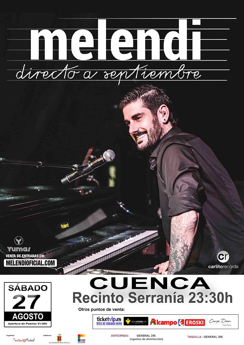 MelendiOficial's tweet image. Eq.M: CONFIRMADO! El próximo 27 de agosto la #GiraDirectoASeptiembre llega a Cuenca &amp;gt;&amp;gt; goo.gl/fOhZxf