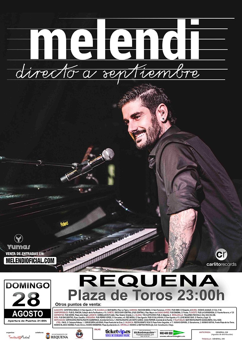 MelendiOficial's tweet image. Eq.M: CONFIRMADO! El próximo 28 de agosto la #GiraDirectoASeptiembre llega a Requena &amp;gt;&amp;gt; goo.gl/DWorSo
