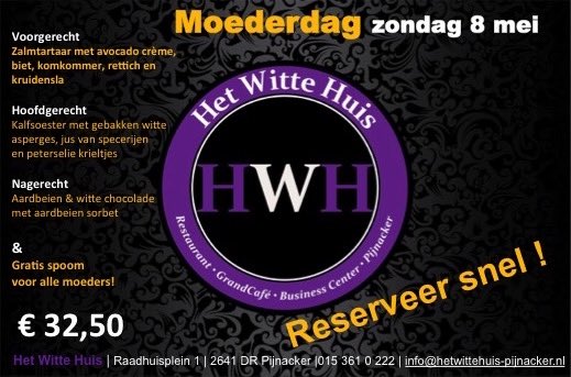 Verras op 8 mei moeder met een heerlijk Moederdag Menu. Alle moeders bieden wij een frisse spoom aan. Reserveer snel