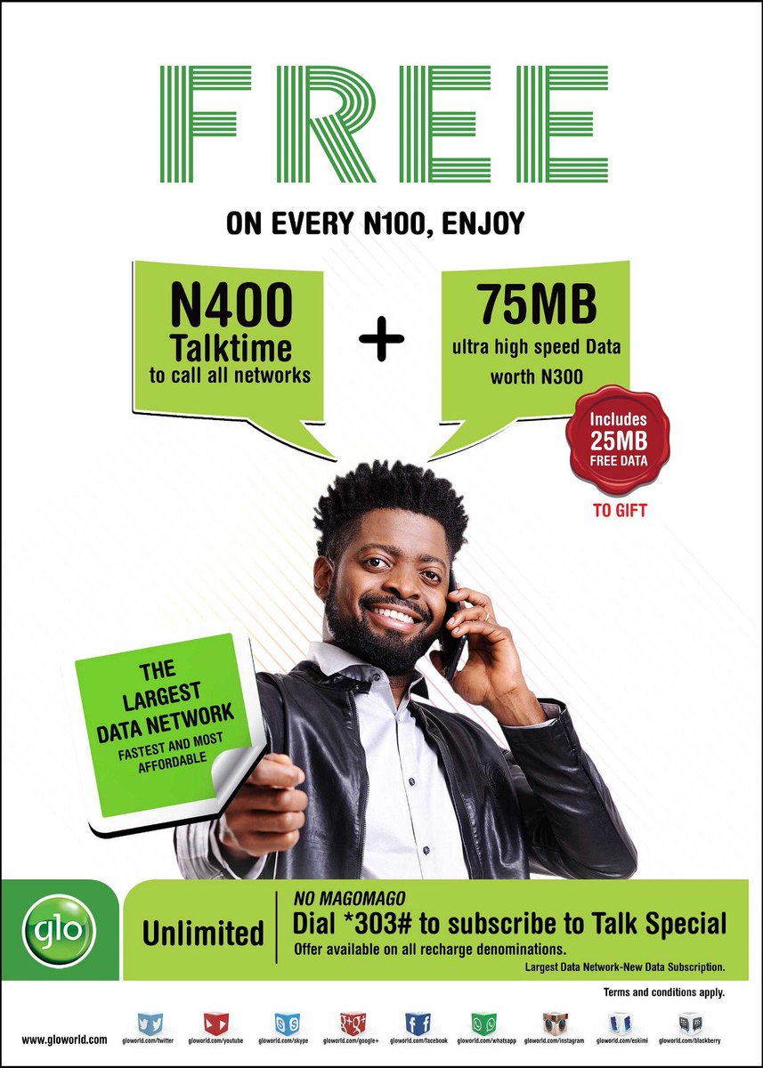 Glo on X: Glo Talk Special gives u bonus to enjoy calls to ALL Networks,  Free Data, Gift Data &more. Dial *303# @basket_mouth  t.cow4iyYbyjUg  X
