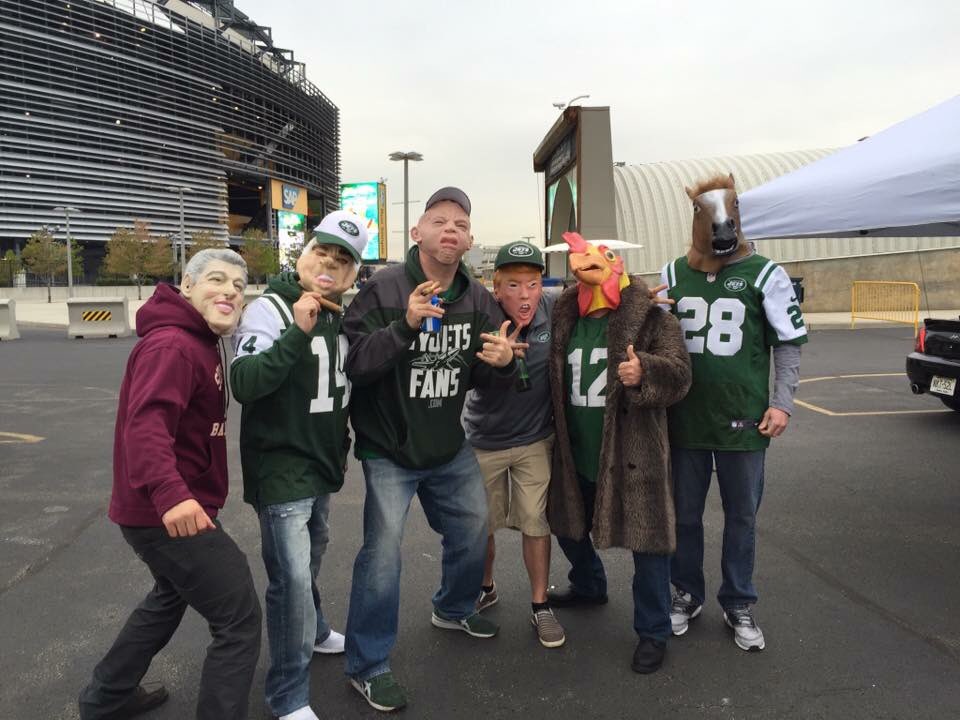 NYJFpod's tweet photo. This pic from our draft day party tailgate is... Special? Lol @nyjets @MLStadium #masks #NFLDraft2016 https://t.co/kMH21Rl5d0