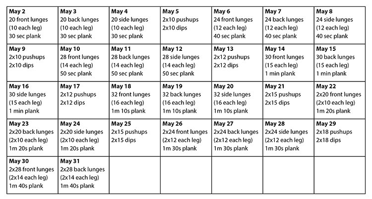 SciTriGrrl's tweet photo. This month's workout challenge starts today - from @Helena_LB #28dopain #MayDayPain https://t.co/xDGATag0uR