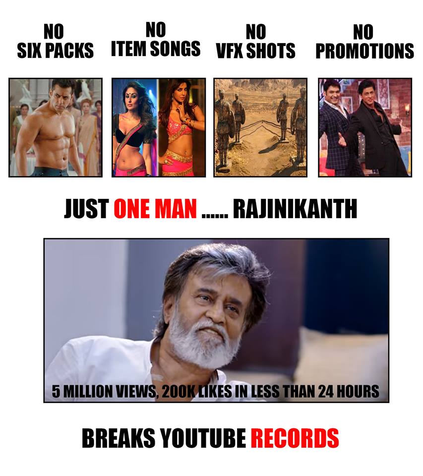 No Sixpacks, No Item Songs, No VFX Shots, No Promotions...Still Rajnikanth's Kabali Teaser broke Youtube Records... Kabali got 5 million views, 200k likes in less than 24 hours...