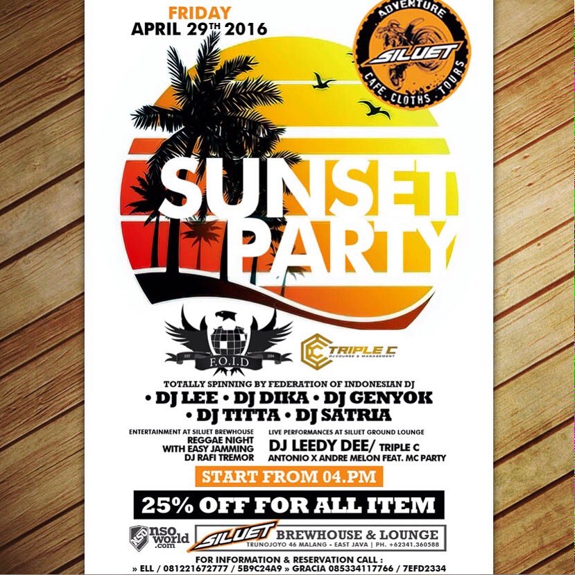 Yuuk Sunset Party <a href="/siluetcafe/">Siluet Cafe Malang</a> nanti sore at 4pm, discount 25% guys sampai 7pm, See Yaaa