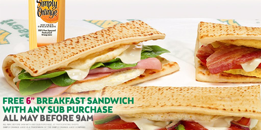 SUBWAY's tweet photo. Early birds get a FREE 6” #SubwayBreakfast w/ any sub purchase in May before 9AM! RT for a FREE breakfast reminder. https://t.co/QUkV6wXP8p