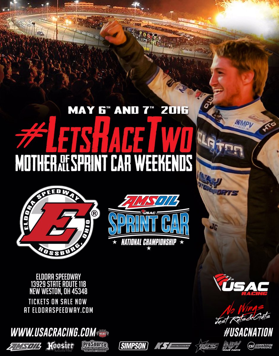 USACNation's tweet photo. #LetsRaceTwo

An @EldoraSpeedway blockbuster on tap this Friday &amp; Saturday: USAC Nat'l Sprints with @WorldofOutlaws! https://t.co/6TullzjbzO