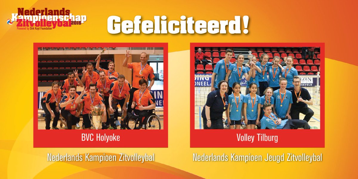 Gefeliciteerd <a href="/bvcholyoke/">BVC Holyoke</a> met het NK Zitvolleybal en <a href="/ParaVolleyT/">ParaVolleyT</a> met het NK Jeugd Zitvolleybal!