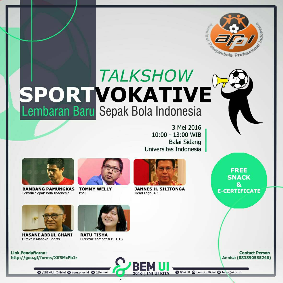APPI berkolaborasi dengan BEM UI mempersembahkan Diskusi Bareng APPI, dgn tema Lembaran Baru Sepakbola Indonesia!