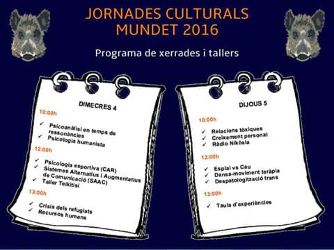 AngelaCastrechi's tweet photo. Aqui tenéis el programa de las charlas y talleres de @JornadesM culturales de @FacPsicoUB 2016!! https://t.co/7C8LKwHzhe