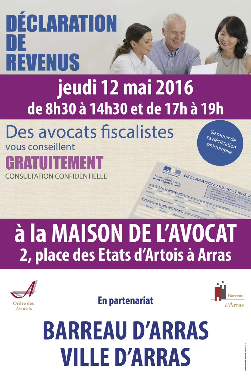 avocatsarras's tweet photo. Déclarations de revenus 2016
les consultations des #Avocats d'#Arras seront gratuites le 12 mai, Maison de l'#Avocat https://t.co/dcKEpuBXKO